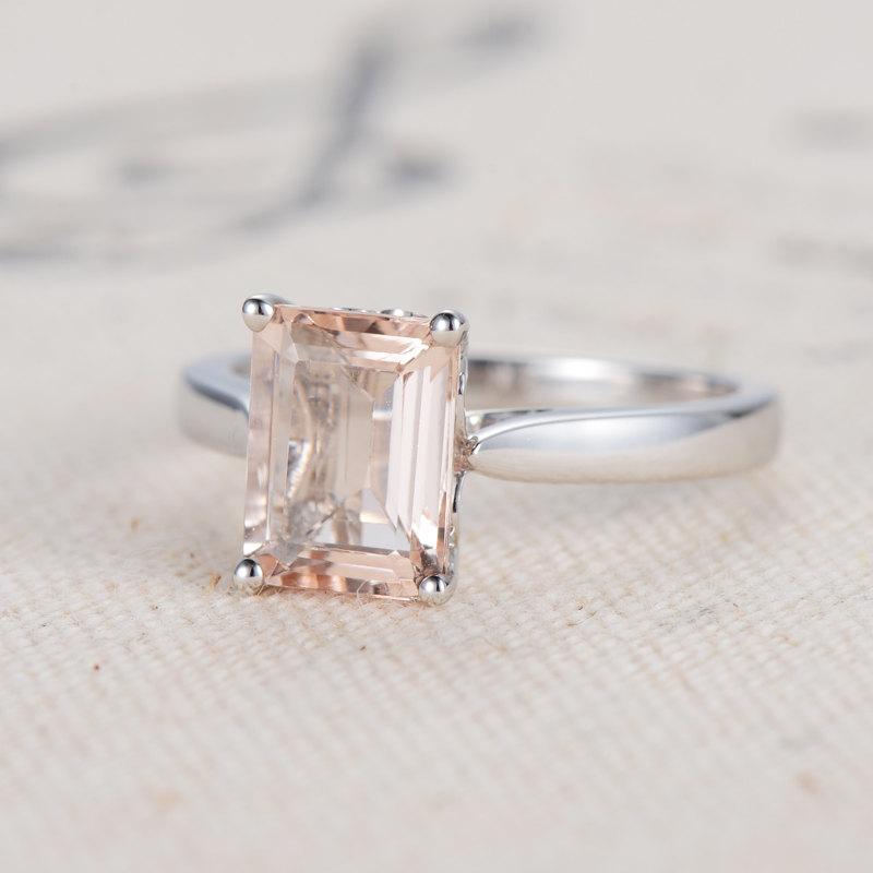 Свадьба - Morganite Engagement Ring White Gold Unique Emerald Cut Pink Morganite Wedding Solitaire Anniversary Promise Minimalist Gemstone antique