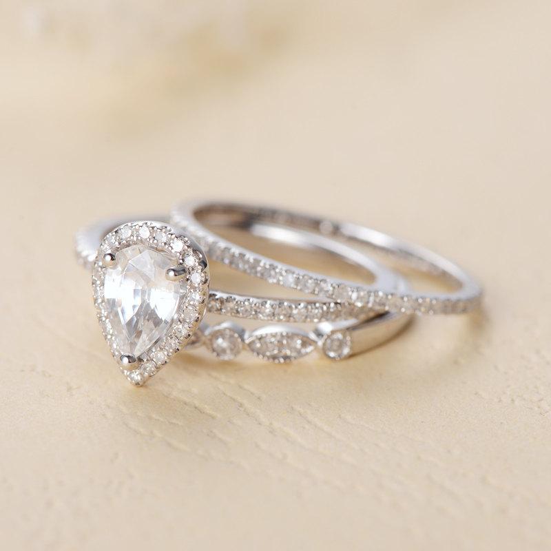 Hochzeit - Wedding Ring Set Bridal Set Halo Pear Shaped White Sapphire Engagement Ring Diamond Eternity Band Minimalist Wedding Band Art Deco Ring Band