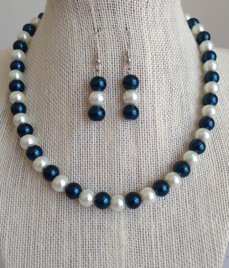 Wedding - Navy Blue Bridesmaid Jewelry, Dark Teal Blue and White Pearl Necklace Set, Bridesmaid Gift, Blue Beaded Jewelry, Navy Blue Wedding Jewelry