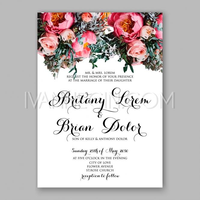 Wedding - Peony wedding invitation printable template with floral wreath or bouquet of rose flower and daisy - Unique vector illustrations, christmas cards, wedding invitations, images and photos by Ivan Negin