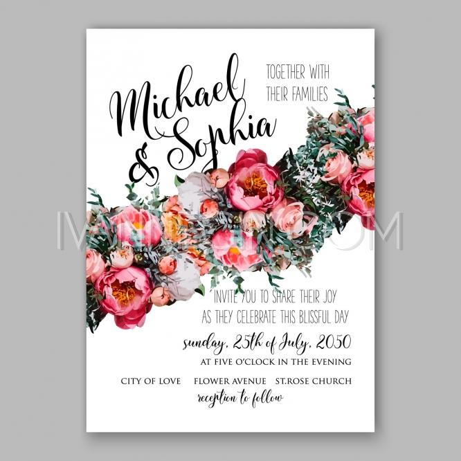 Свадьба - Peony wedding invitation printable template with floral wreath or bouquet of rose flower and daisy - Unique vector illustrations, christmas cards, wedding invitations, images and photos by Ivan Negin