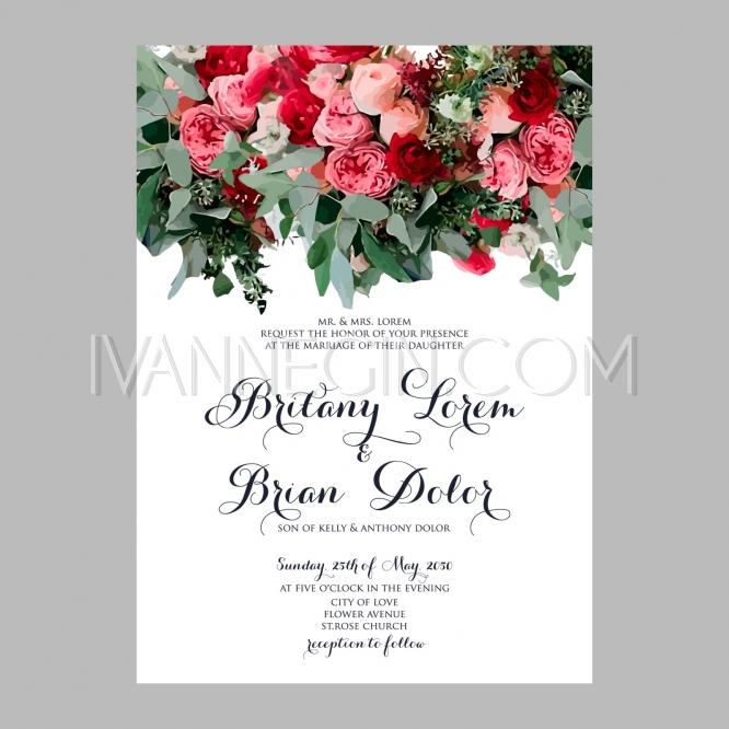 Mariage - Peony wedding invitation printable template with floral wreath or bouquet of rose flower and daisy - Unique vector illustrations, christmas cards, wedding invitations, images and photos by Ivan Negin