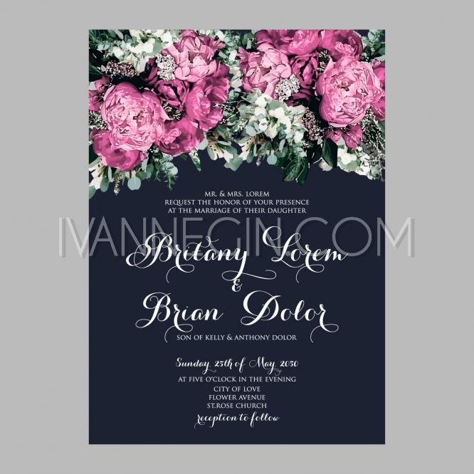 Hochzeit - Peony wedding invitation printable template with floral wreath or bouquet of rose flower and daisy - Unique vector illustrations, christmas cards, wedding invitations, images and photos by Ivan Negin