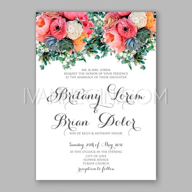 Свадьба - Peony wedding invitation printable template with floral wreath or bouquet of rose flower and daisy - Unique vector illustrations, christmas cards, wedding invitations, images and photos by Ivan Negin