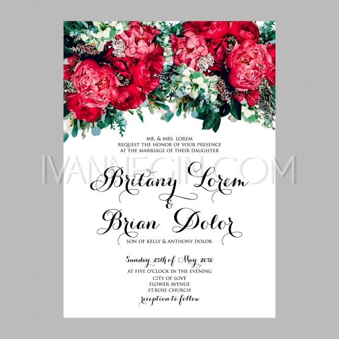 Hochzeit - Peony wedding invitation printable template with floral wreath or bouquet of rose flower and daisy - Unique vector illustrations, christmas cards, wedding invitations, images and photos by Ivan Negin