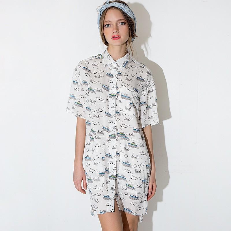 زفاف - Navy cartoon print single shirt dress with short sleeves dress - Bonny YZOZO Boutique Store