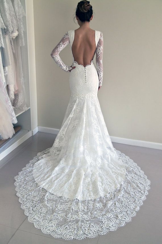 Wedding - Lace Wedding Dress, Custom Made Wedding Dress, Trumpet Silhouette Wedding Dress, Open Back Lace Dress, Hourglass SIlhouette Wedding Gown