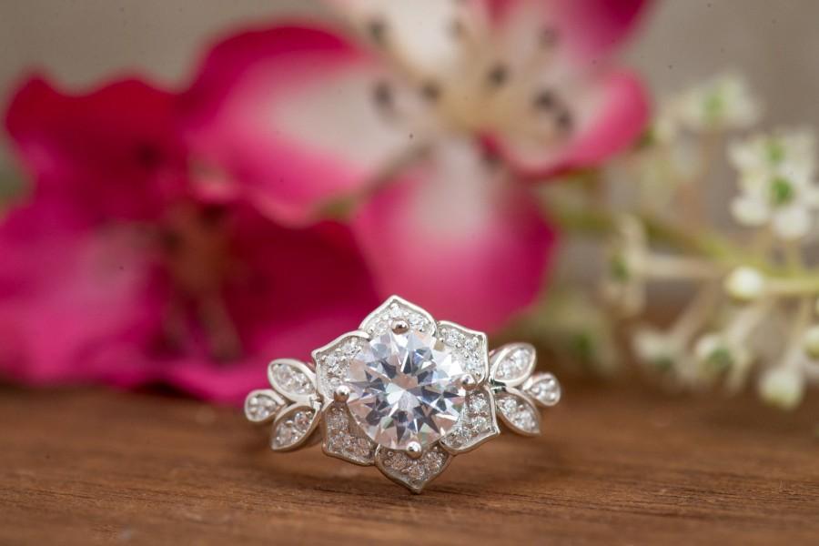 Wedding - Art Deco Engagment Ring, Wedding Ring, Promise Ring, Flower Ring, Vintage Inspired Engagement Ring, Diamond Simulants, Sterling Silver