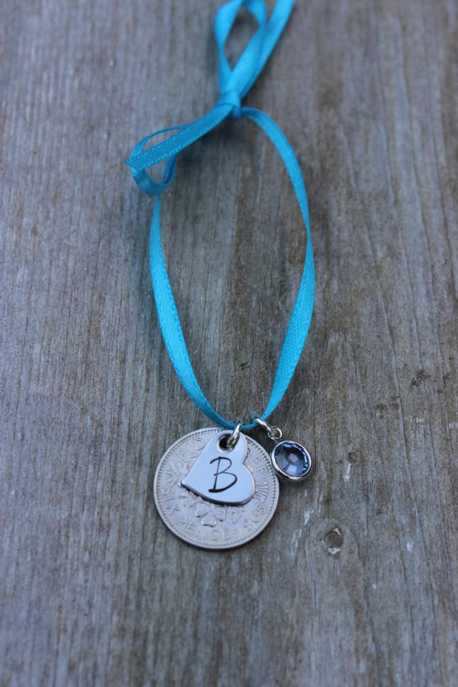 Hochzeit - Silver Sixpence for Bride - Sixpence in her Shoe - Sixpence Gift for Bride with Blue Swarovski Crystal and Stamped Heart Charm