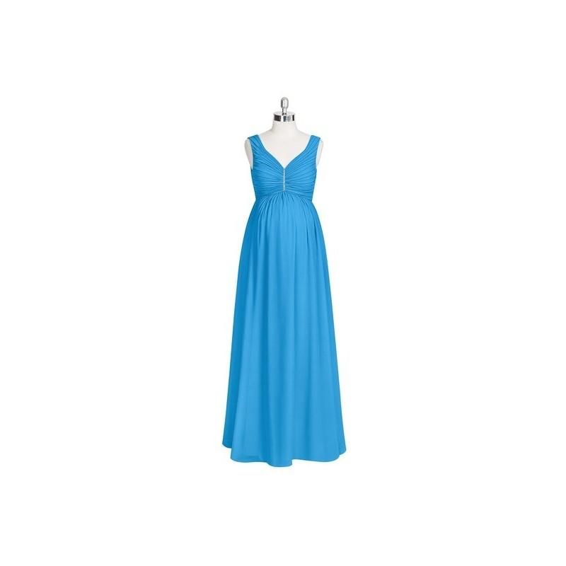 زفاف - Ocean_blue Azazie Madison - Back Zip Floor Length V Neck Stretch Knit Chiffon Dress - The Various Bridesmaids Store