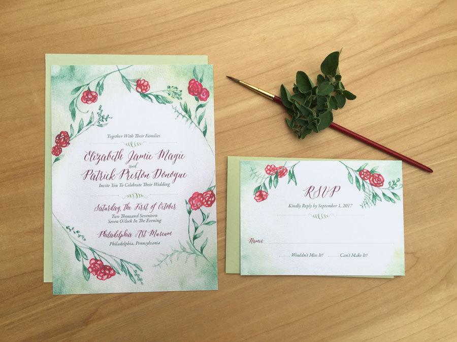 Wedding - Rose Vine Wedding Invitation, Watercolor Wedding Invitation, Watercolor Invitation