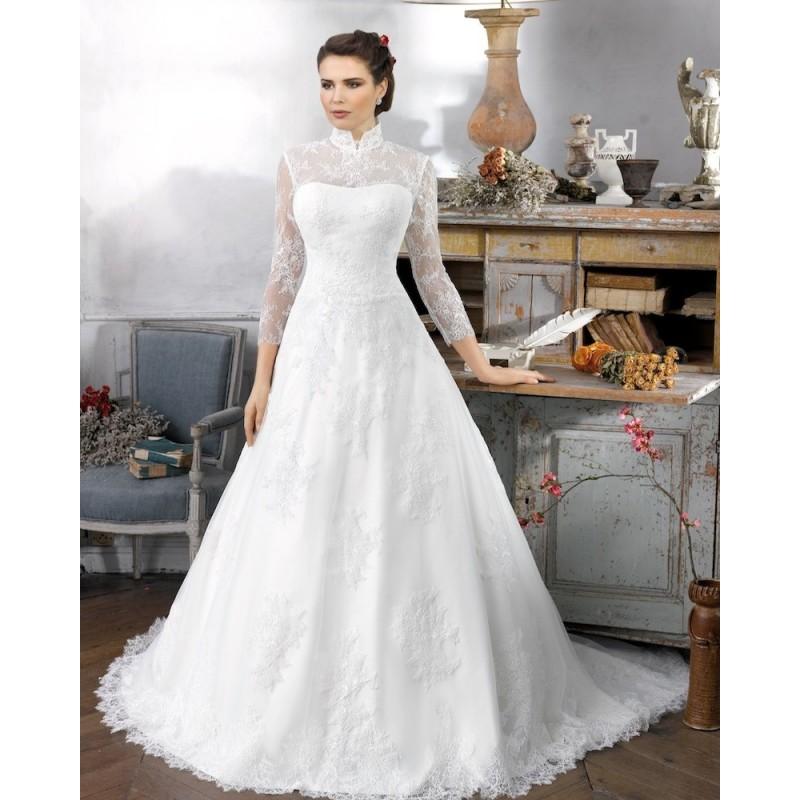 زفاف - Elegant A-line High Neck 3/4 Length Sleeve Buttons Lace Sweep/Brush Train Tulle Wedding Dresses - Dressesular.com
