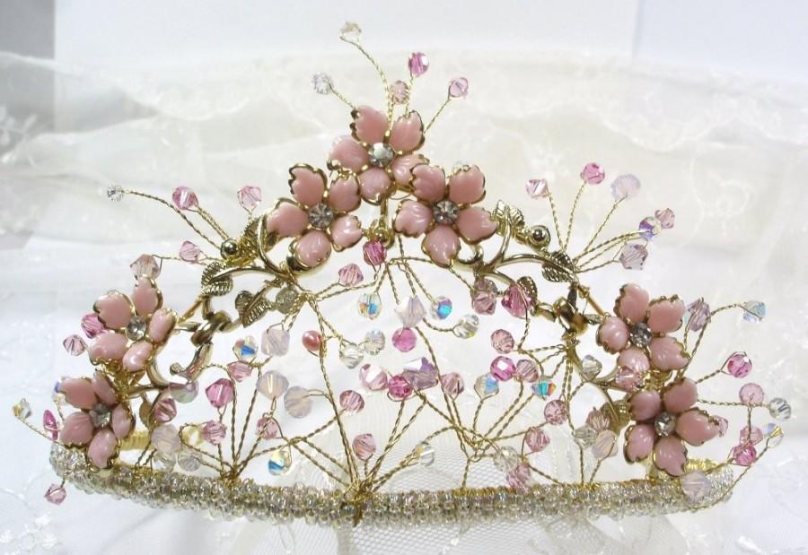 زفاف - Handmade Wedding Tiara, Vintage Components Flower Heirloom Tiara, Handmade British Made One of a Kind Pink Wirework Tiara with Swarovski