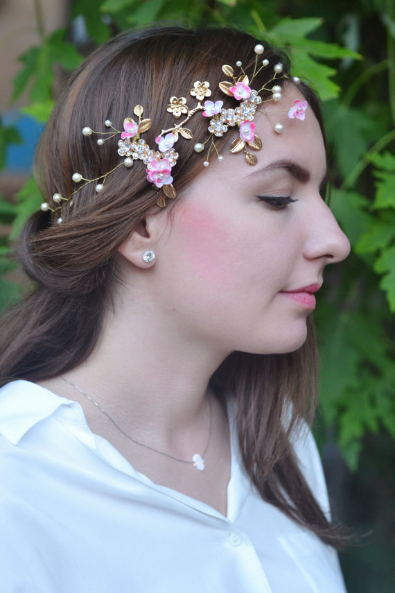 Bridal Hair Vine Pearl Floral Crown Gold Pink Bridal Headpiece Wedding