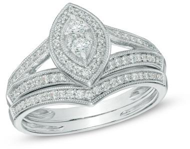 Hochzeit - 3/8 CT. T.W. Diamond Marquise Vintage-Style Bridal Set in Sterling Silver