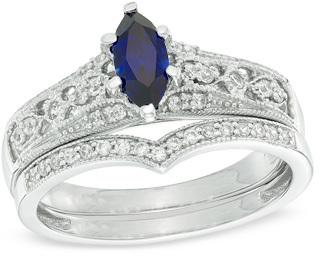 زفاف - Marquise Lab-Created Blue Sapphire and 1/5 CT. T.W. Diamond Vintage-Style Bridal Set in 10K White Gold