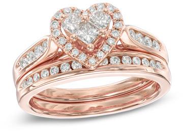 زفاف - 3/4 CT. T.W. Diamond Heart-Shaped Frame Bridal Set in 14K Rose Gold