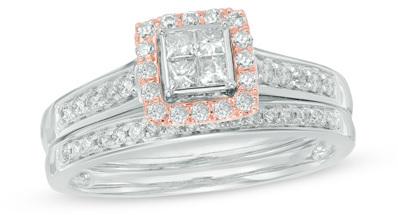 Wedding - 1/2 CT. T.W. Princess-Cut Quad Diamond Square Frame Bridal Set in 10K Two-Tone Gold