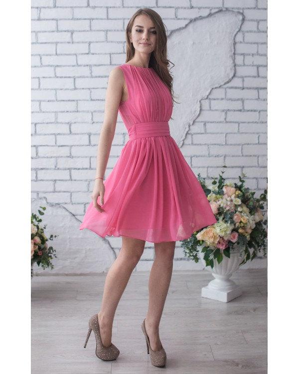 Hochzeit - Pink Wedding Dress Bridesmaid Short Party Dress Pink Chiffon Pleated Sleeveless Dress Pink