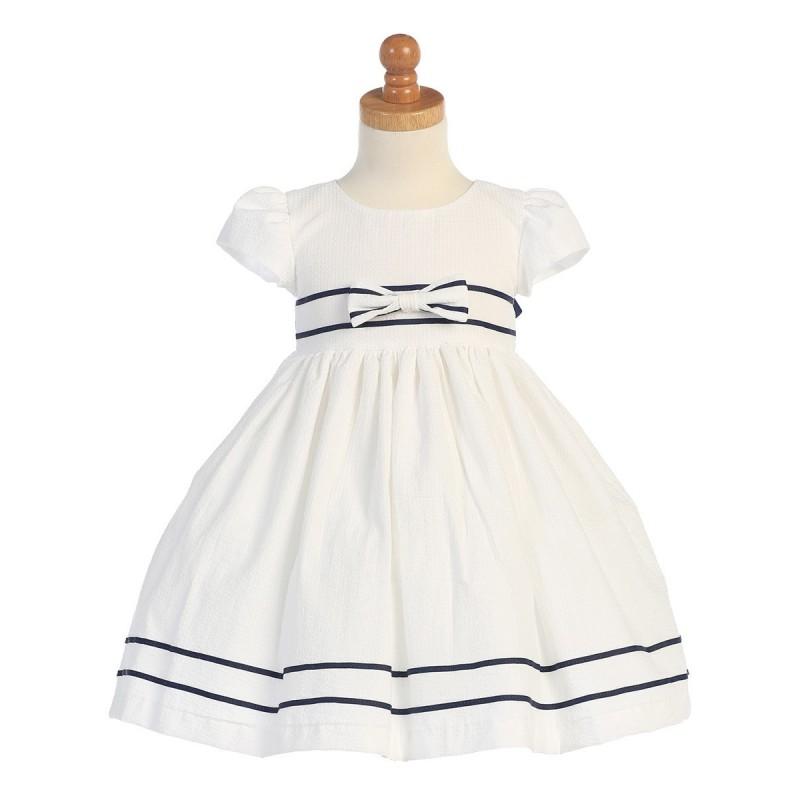 زفاف - White/Navy Cotton Seersucker Dress Style: LM668 - Charming Wedding Party Dresses