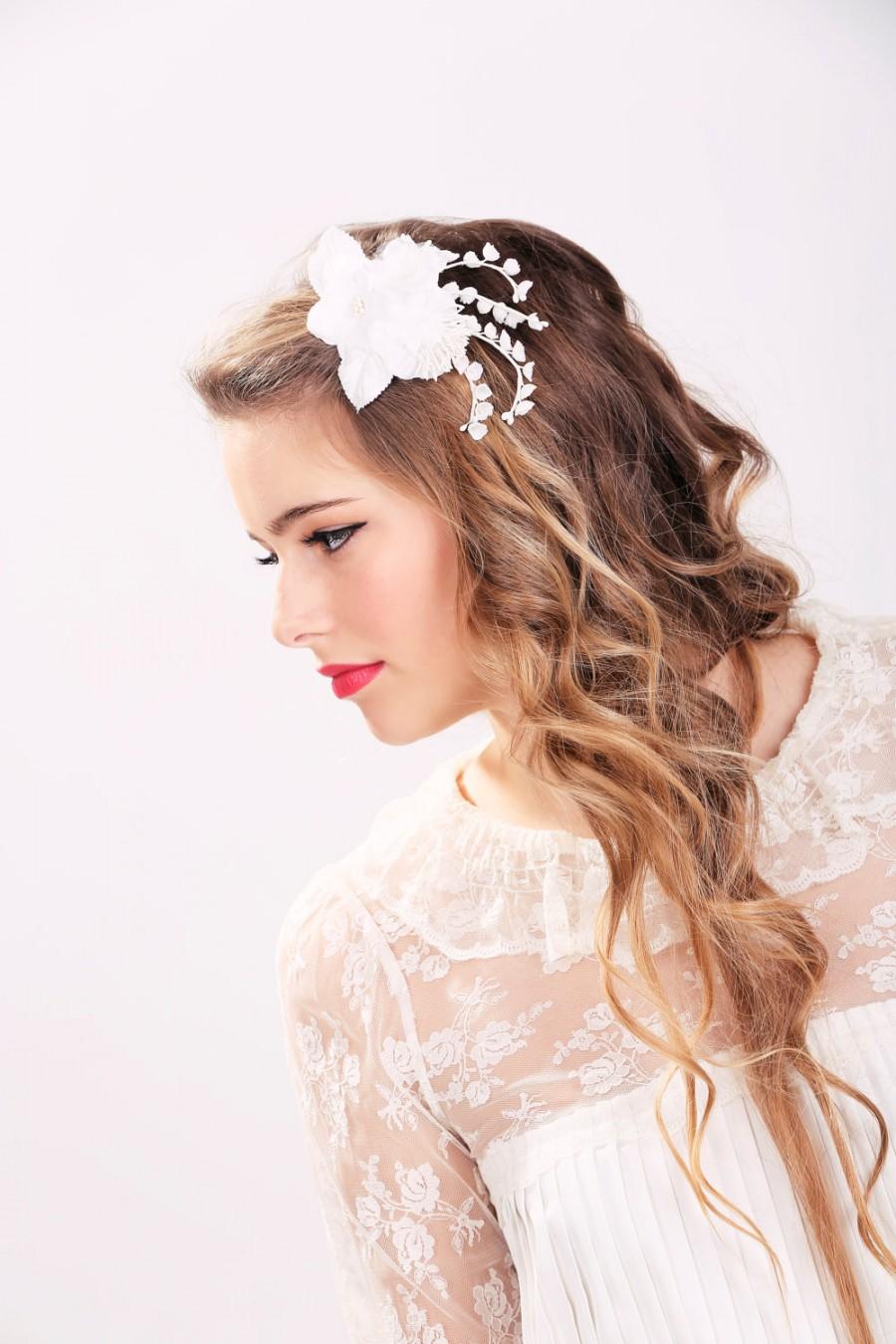 زفاف - white bridal flower clip, wedding hair accessories, wedding flower clip silk flower hair clip