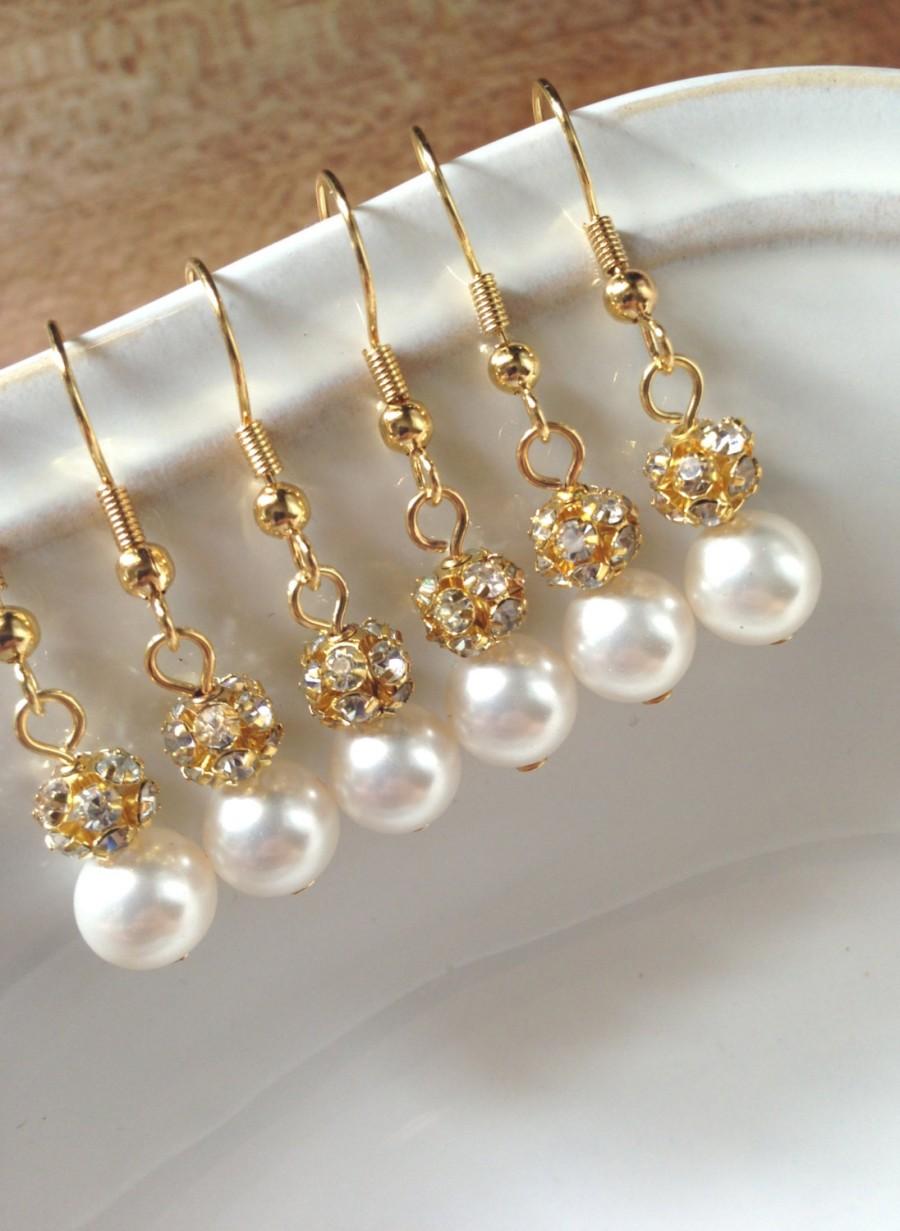 Свадьба - 5 Pairs Gold Bridesmaid Earrings, Gold Plated Earrings, Gold Earrings, Gold Rhinestone Earrings 0125