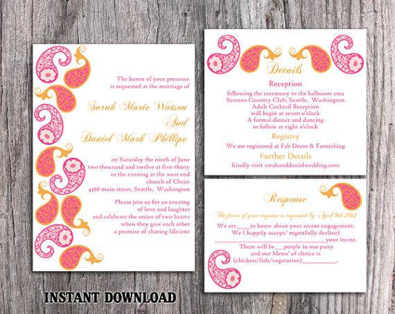 زفاف - Bollywood Wedding Invitation Template Download Printable Invitations Editable Orange Pink Wedding Invitation Indian invitation Paisley DIY