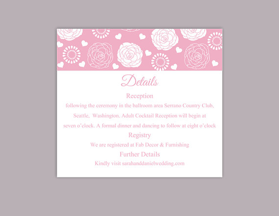 Hochzeit - DIY Wedding Details Card Template Editable Word File Instant Download Printable Details Card Floral Pink Details Card Rose Information Card