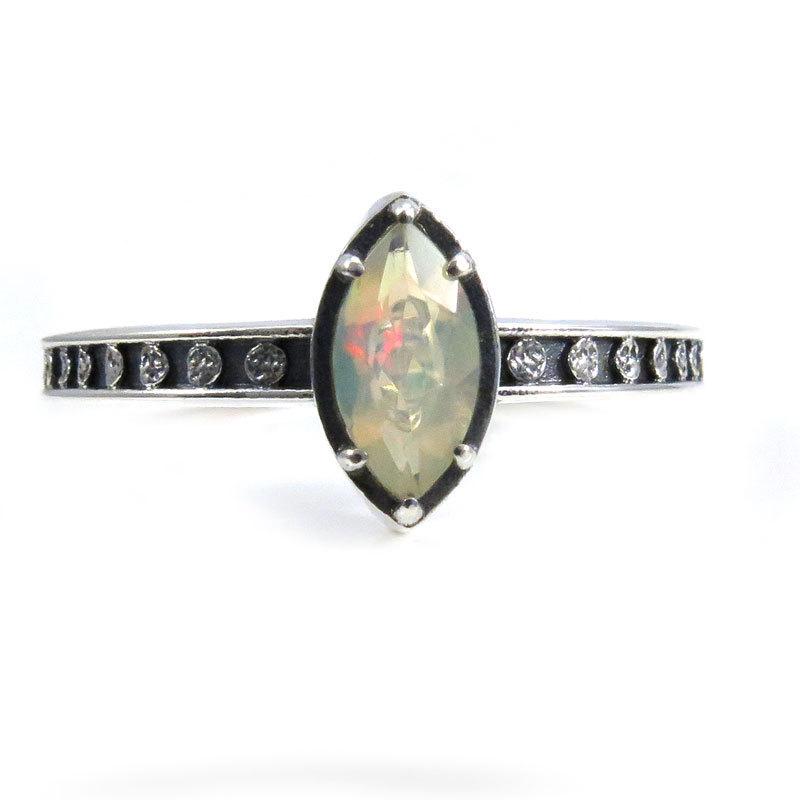 Wedding - Marquise Opal Moon Phase Engagement Ring - Sterling Silver Occult Jewelry