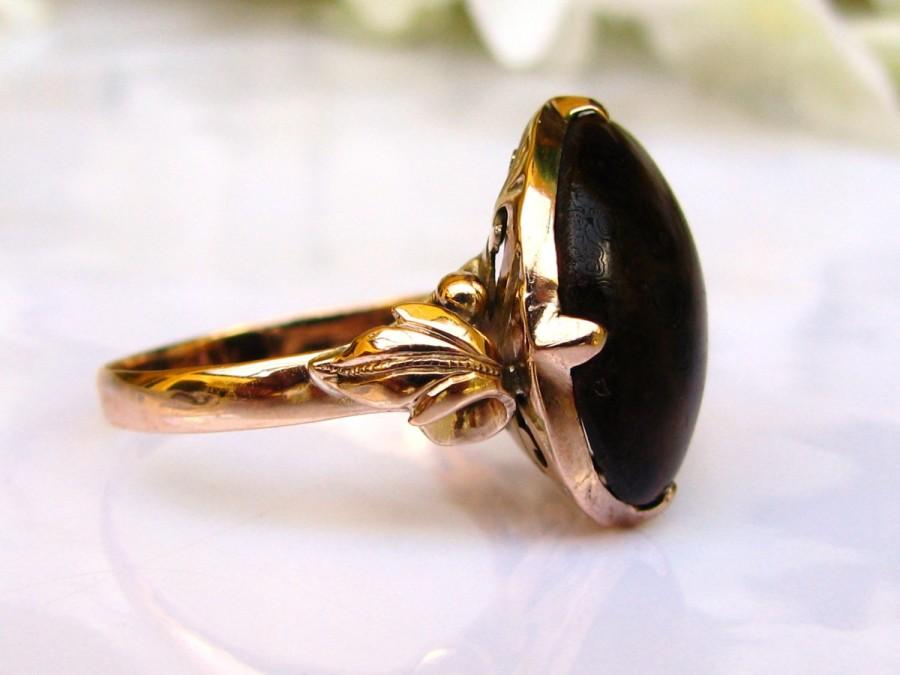 زفاف - Antique Brown Agate Cabochon Ring 14K Yellow Gold Filigree Ring Naturalistic Unique Vintage Engagement Ring Size 6