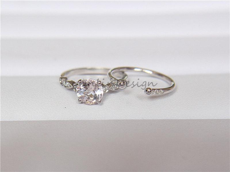 Hochzeit - Fancy Morganite Engagement Ring Set 7mm Brilliant Cut Morganit Wedding Ring Set Bridal Ring Set Anniversary Ring Set