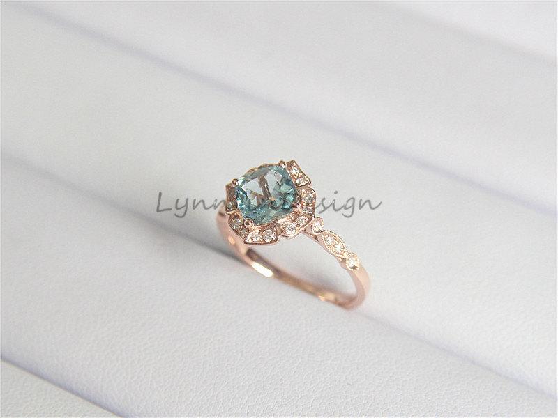 Mariage - Floral Aquamarine Wedding Ring 14K Rose Gold Engagement Ring 7mm Cushion Aquamarine Ring Halo Aquamarine Engagement Ring Vintage Ring