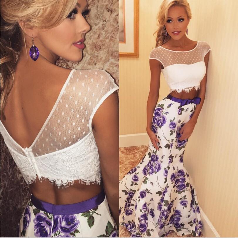 Свадьба - New Arrival 2 Piece Floral Print Mermaid Prom Dress/Homecoming Dress with Lace