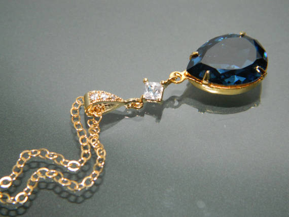 Mariage - Navy Blue Gold Crystal Necklace Blue Gold Teardrop CZ Necklace Swarovski Montana Rhinestone Necklace Wedding Bridal Dark Blue Gold Jewelry