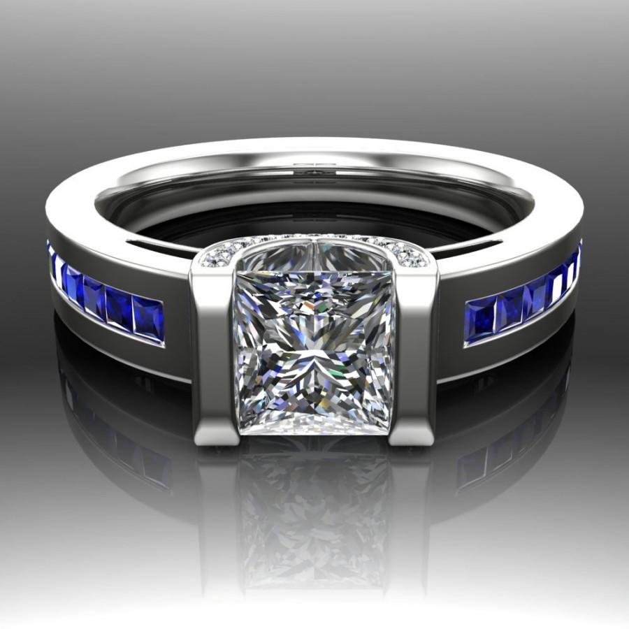 زفاف - Princess Diamond Engagement Ring, 1 Carat with Blue Sapphire and Diamond Accents, Broad Band