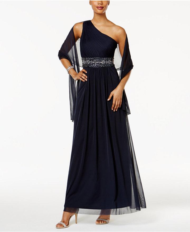 Hochzeit - Jessica Howard Embellished One-Shoulder Gown and Scarf