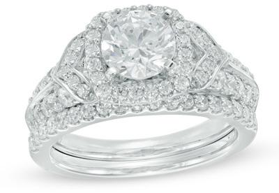 زفاف - 1-7/8 CT. T.W. Diamond Cushion Frame Collared Bridal Set in 14K White Gold