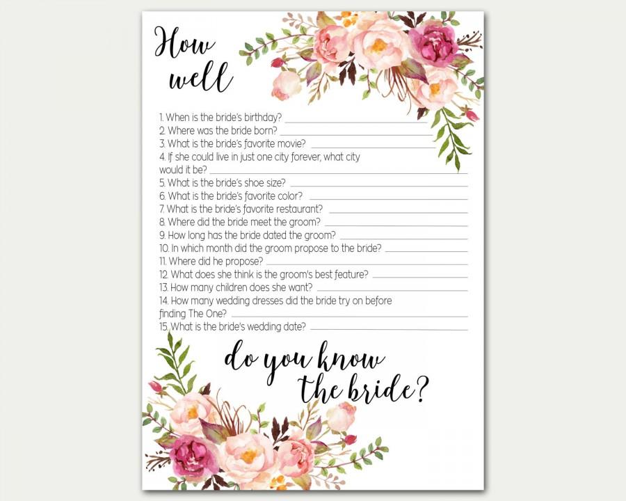 Wedding - How Well Do You Know The Bride, Bridal Shower Game, Bridal Shower Activity, Floral Bridal Shower Game, Printable Game, Instant Download Game