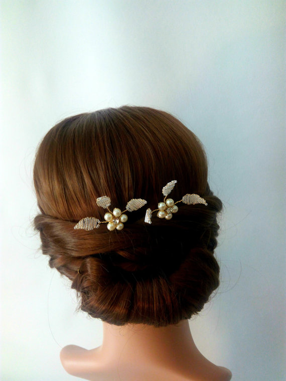 زفاف - Set of 2 Bridal Hair Pins, Head Pieces, Wedding Hair Pins, Hair Pieces Wedding, Pearl Hair Pins Leaf Hair Pins, Pearl Bridal Hair Pins Leyla