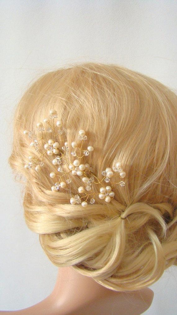Mariage - Leaf Hair Pin, Freshwater Pearl Hair Pin, Pearl Hair Piece, Bridal Hair Pin, Wedding Hair Pin Set of 3, Gold Hair Pin, Gold Hair Accessories
