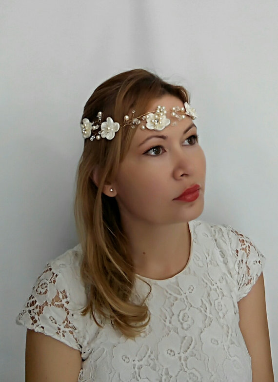 Hochzeit - Bridal Headband Gold Wedding Headband, Gold Headband, Pearl Headband Bridal Headpiece Bridal Hair Vine, Fabric Flower Headband Halo HeadBand