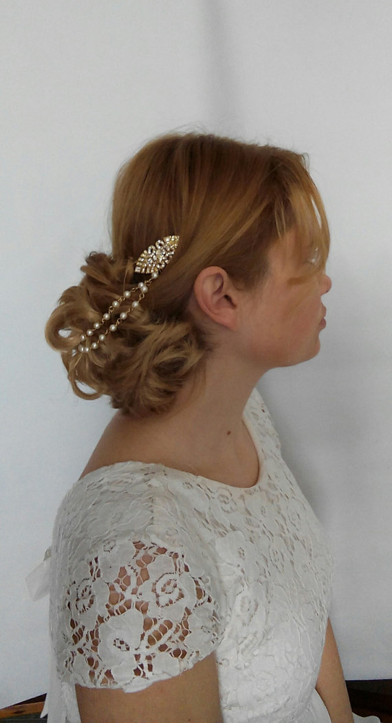 Свадьба - Art Deco Hair Chain Art Deco Hair Pearls, Bridal Hair Chain Gold, Art Deco Bridal Hair Piece Art Deco Hair Accessories Bridal Headpiece LARA