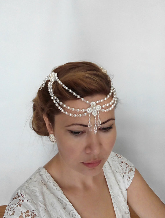Mariage - Bridal Hair Accessories, Bridal Hair Chain, 1920s Headpiece, Bridal Forehead Band Bridal Headpiece Pearl Hair Jewelry Hair Chain Jewelry BEA