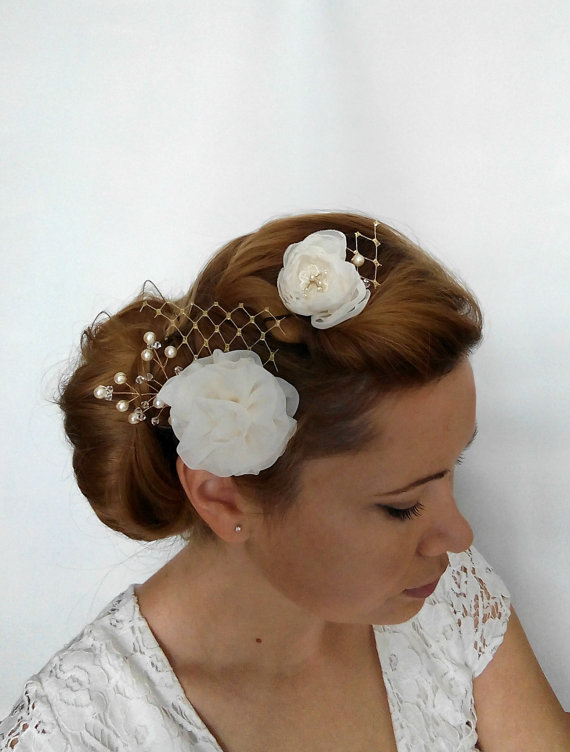 Wedding - Gold Flower Hair Clip, Gold Hair Clip, Ivory Flower Hair Piece, Gold Hair Piece Accessories Gold and Pearl Hair Piece Gold Flower Headpiece