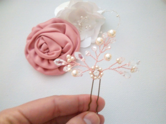 Wedding - Rose Gold Hair Pin Set, Pearl Hair Pins, Rose Gold Hair Pieces with Flower and Leaf Motife