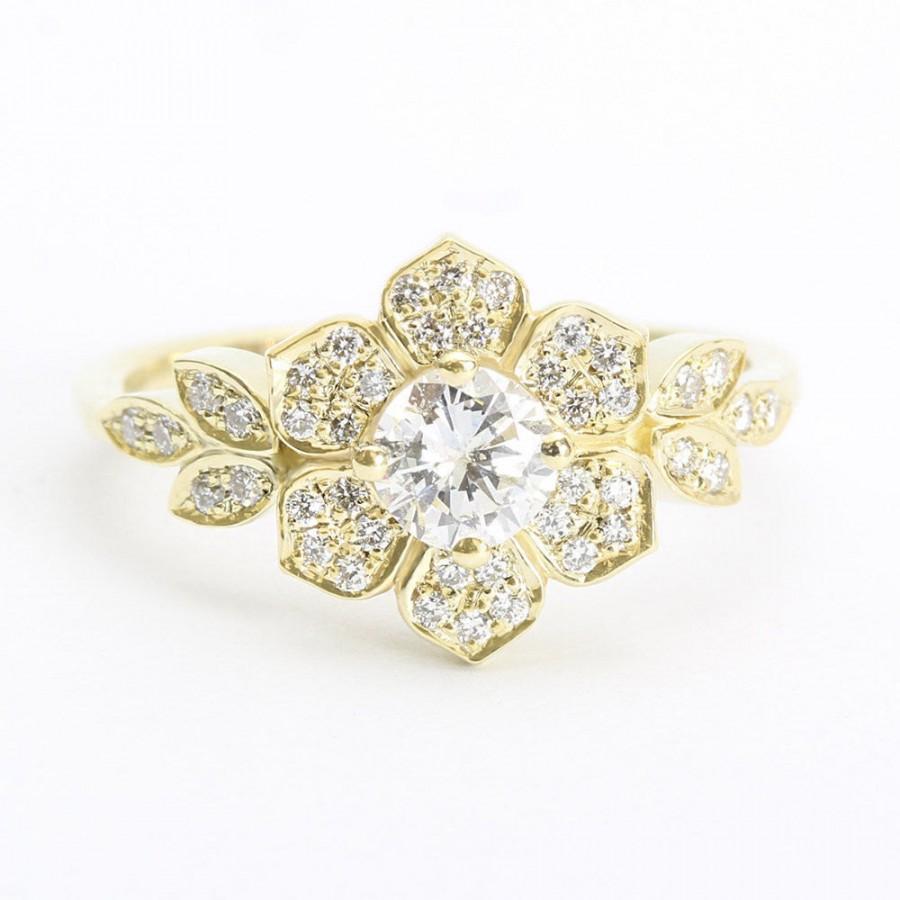 زفاف - Delicate Lily Ring, Art Deco Flower Ring, Rose Gold Engagement Ring, Vintage Rings, 0.45CT Diamond Ring, Unique Leaf Ring