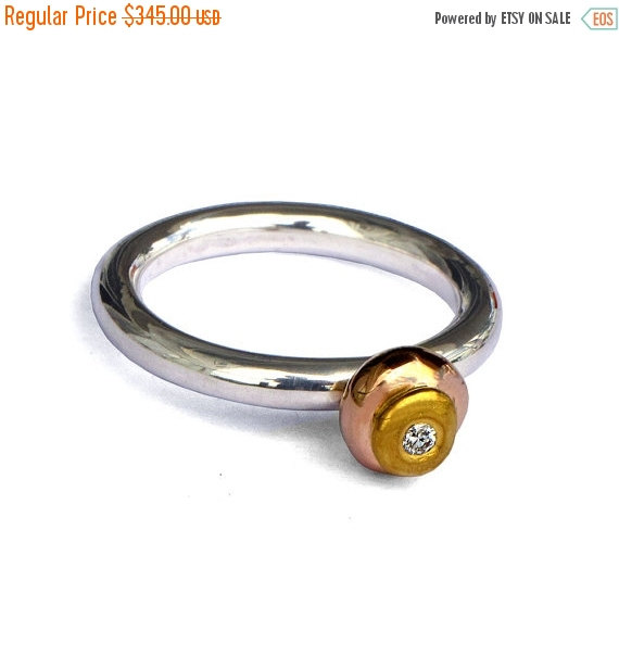 Wedding - 50% OFF SALE - TRI Color Gold Ring, Sterling Silver and Gold Engagement Ring with Diamond, Tricolor Ring, Silver and Gold Ring, Alternative
