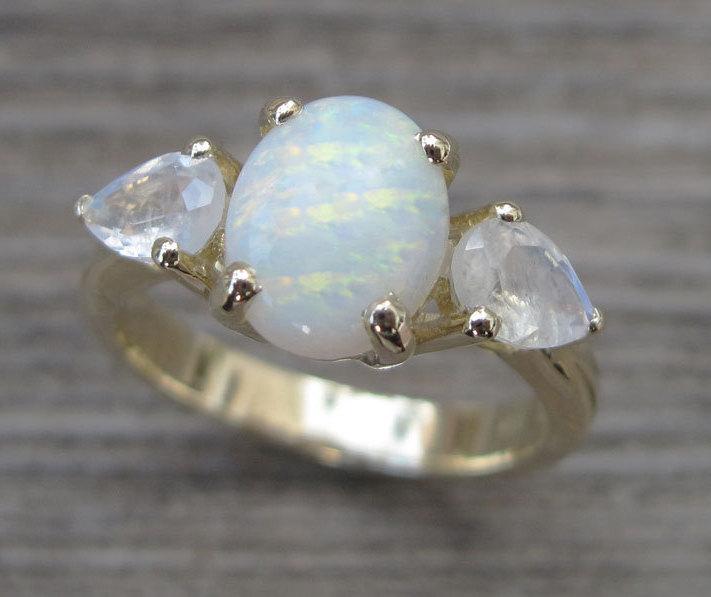 Wedding - Opal Engagement Ring, Moonstone Engagement Ring, Vintage Opal Ring, Antique Opal Moonstone Engagement Ring, Art Deco Opal Engagement Ring