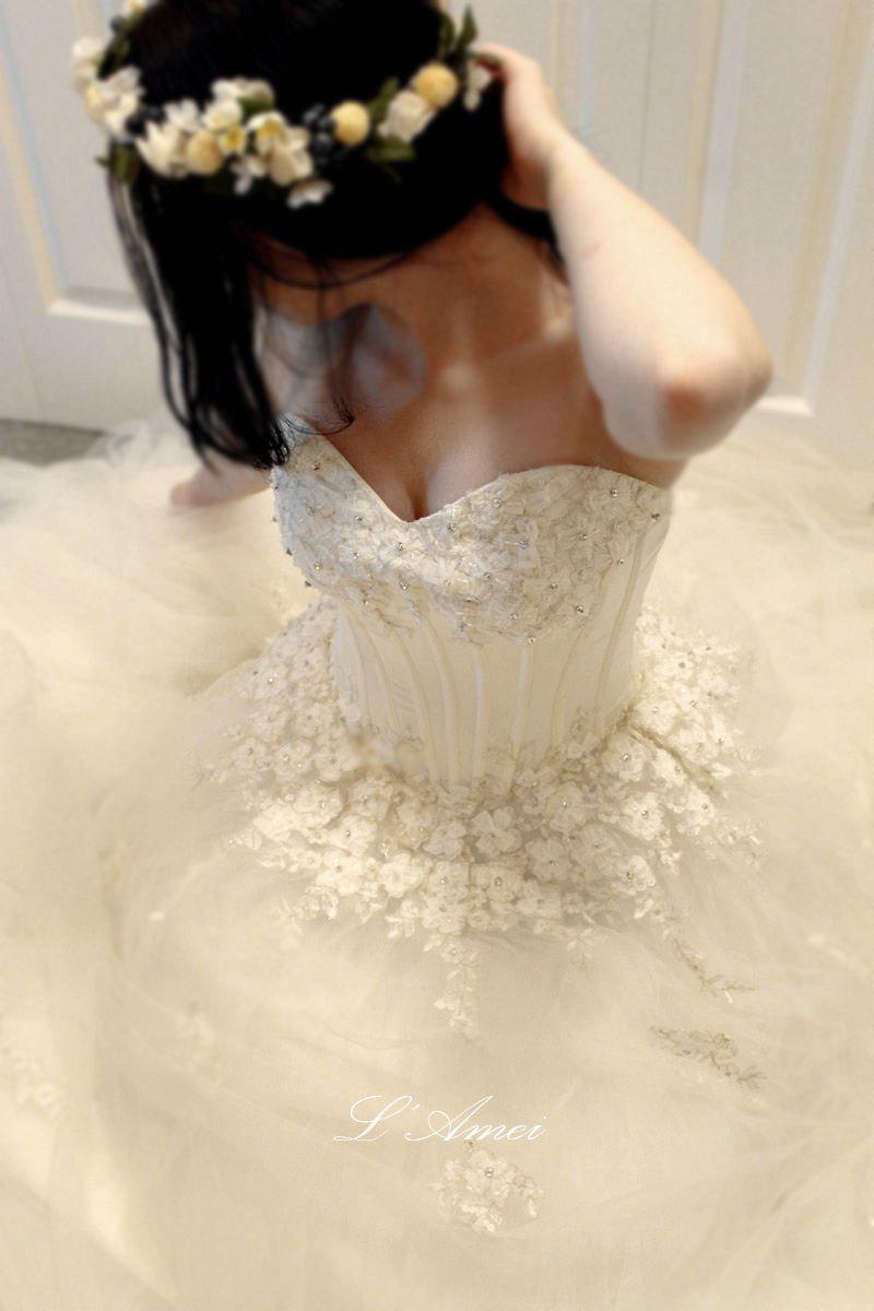 Wedding - Long Corseted Princess Style Wedding Bridal Ball Gown Dress with Hand Sewn Ribbon Flowers and Sparkly