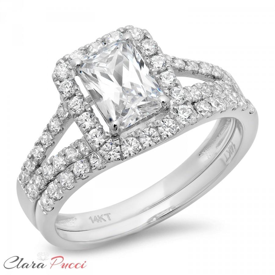 زفاف - 1.70 CT Emerald Cut Engagement Bridal Ring band set Solid 14k White Gold Made and Designed in the USA